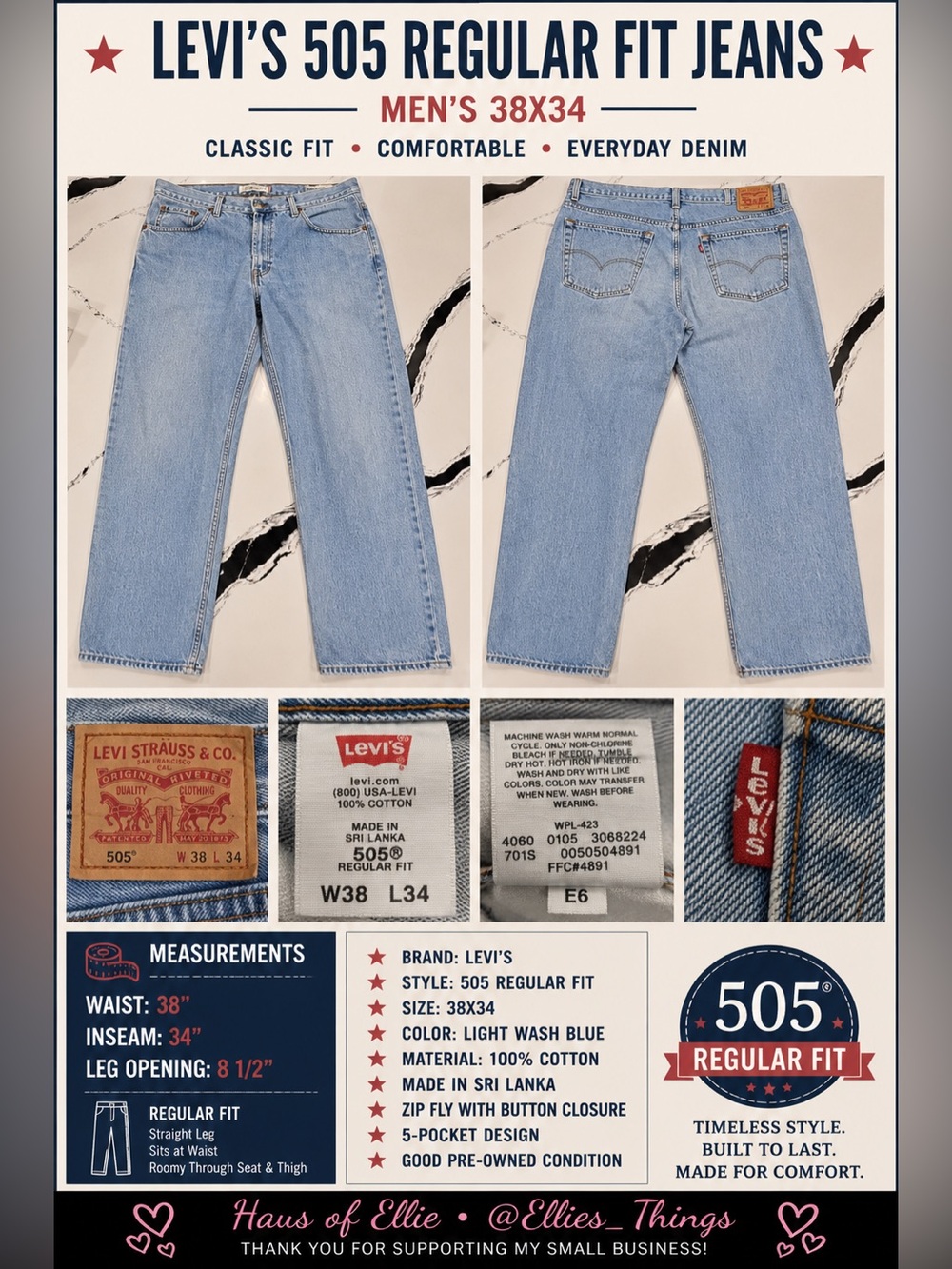 Levi’s 505 Regular Fit Jeans 38x34 Light Wash Straight Leg Denim